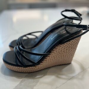 Beautiful black strappy wedges with woven heel.